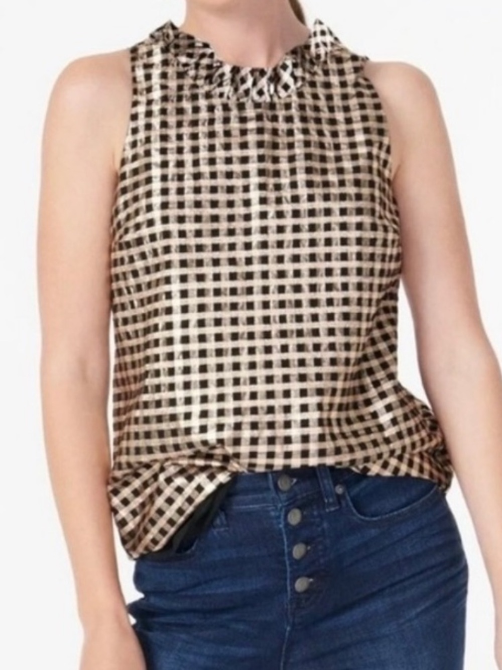 J Crew Gingham Gold and Black Ruffle Blouse